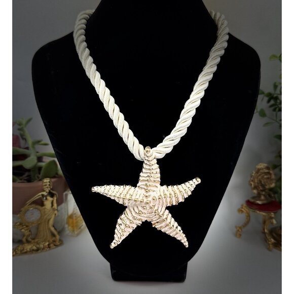ZARA Women's Gold Textured Starfish Ivory Cord 20" Statement Necklace Coastal - Picture 3 of 9